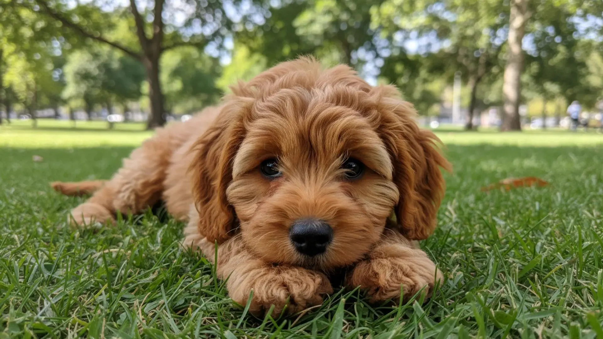 Cavapoo puppy lying on green grass in park fluffy brown dog with curly coat relaxed outdoor setting