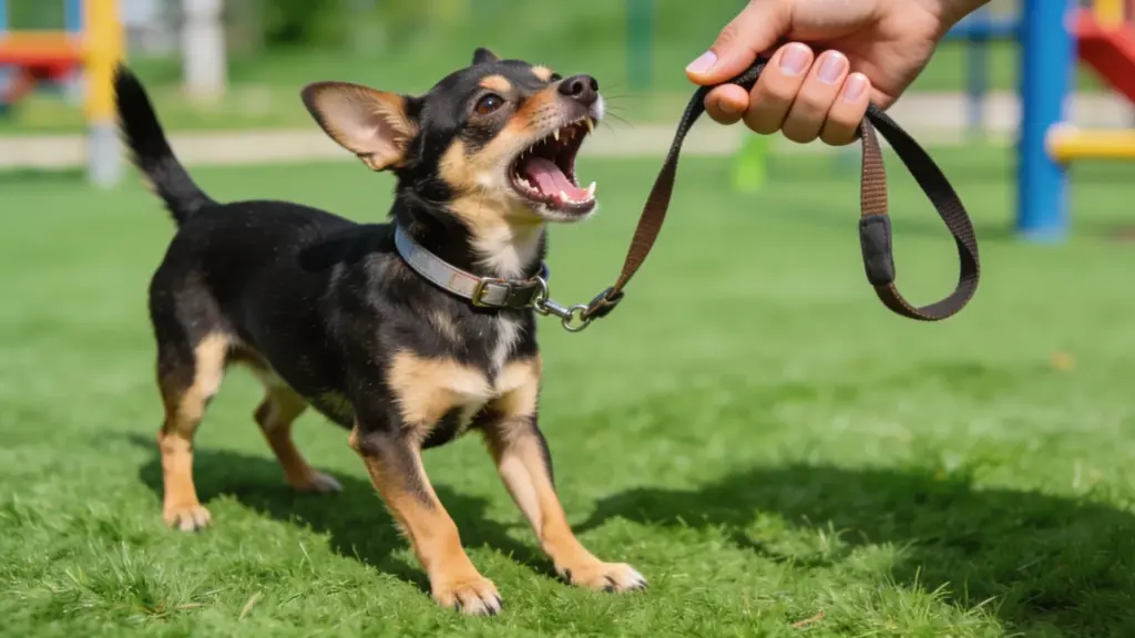 Chihuahua barking aggressively on leash while a person holds it in a grassy park