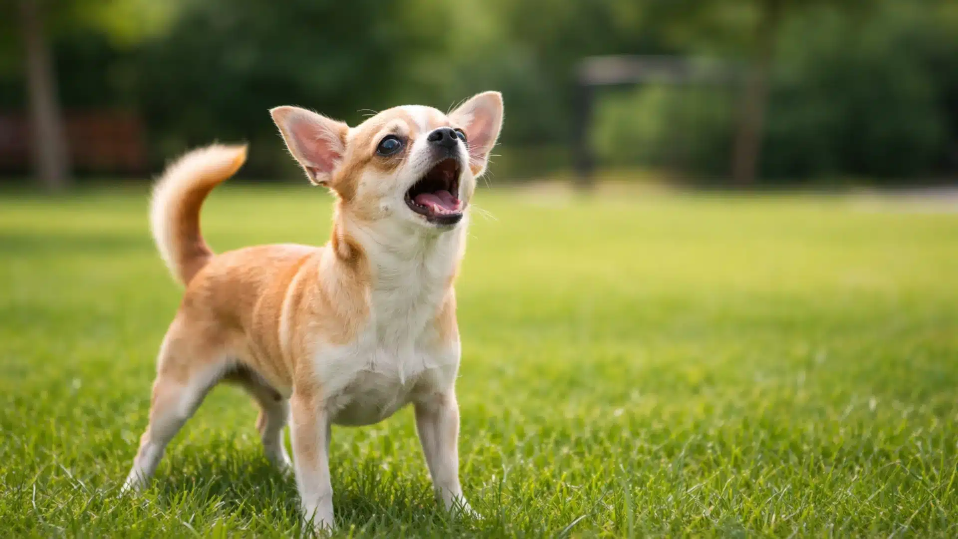 Chihuahua barking in a green grassy park with ears up and alert posture in natural daylight