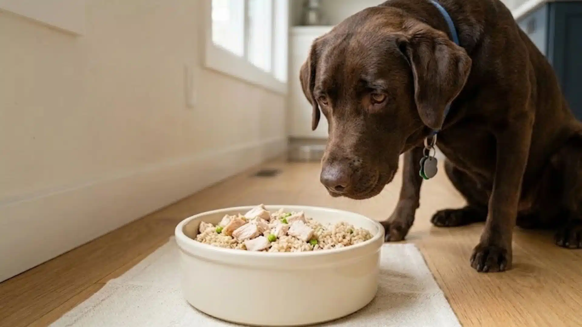 Chocolate Labrador sitting on a kitchen floor, hesitantly looking at a bowl of mixed dog food with natural indoor lighting
