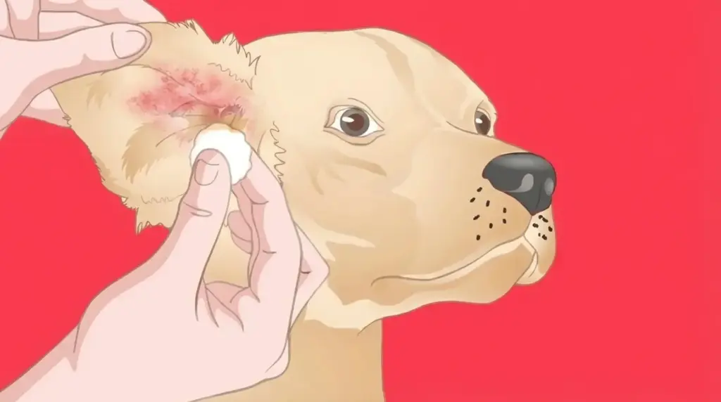 Cleaning a dog's infected ear with cotton to remove discharge and reduce irritation during gentle ear care