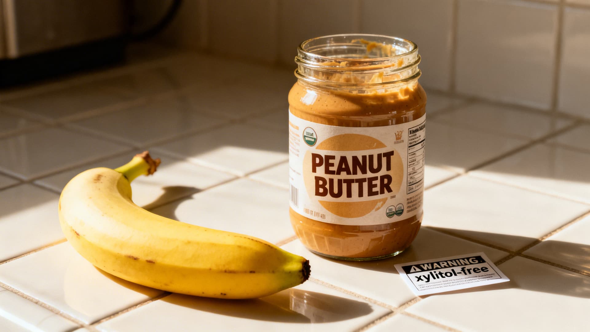 Close-up of banana, peanut butter jar with label clearly visible, and a small warning note highlighting xylitol-free, clean kitchen background