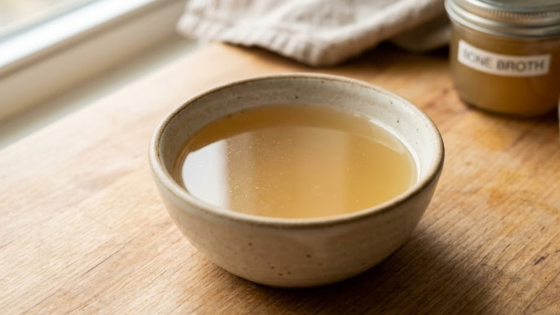 Close-up of clear homemade bone broth in a small bowl for dogs, light golden color, no oil layer or seasoning, placed on a clean kitchen surface