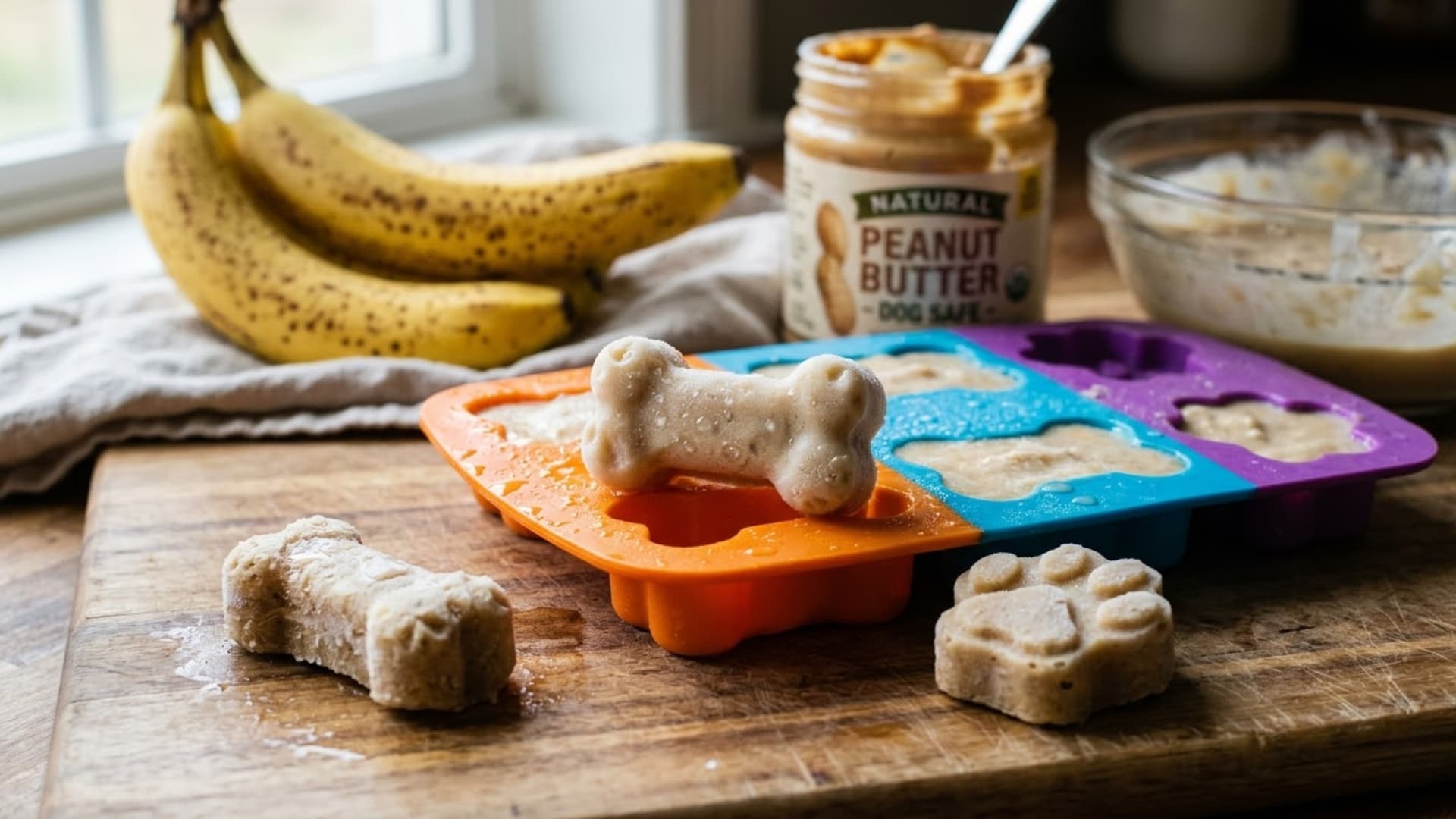Close-up of frozen peanut butter banana dog treats in silicone molds shaped like bones and paws, creamy texture, condensation visible, bananas and peanut butter in background