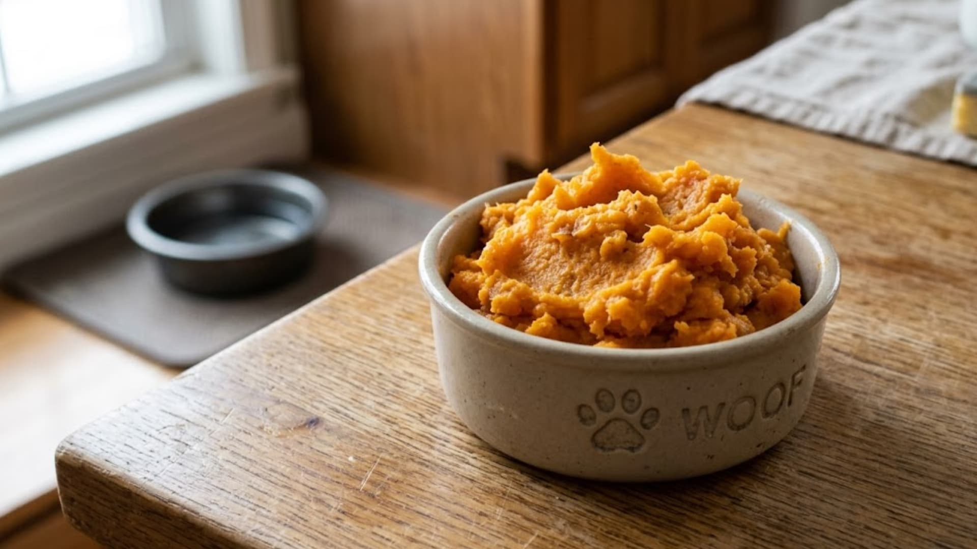 Close-up of mashed sweet potatoes served in a small bowl for dogs, soft texture, natural orange color, no butter or seasoning, placed on a clean kitchen surface