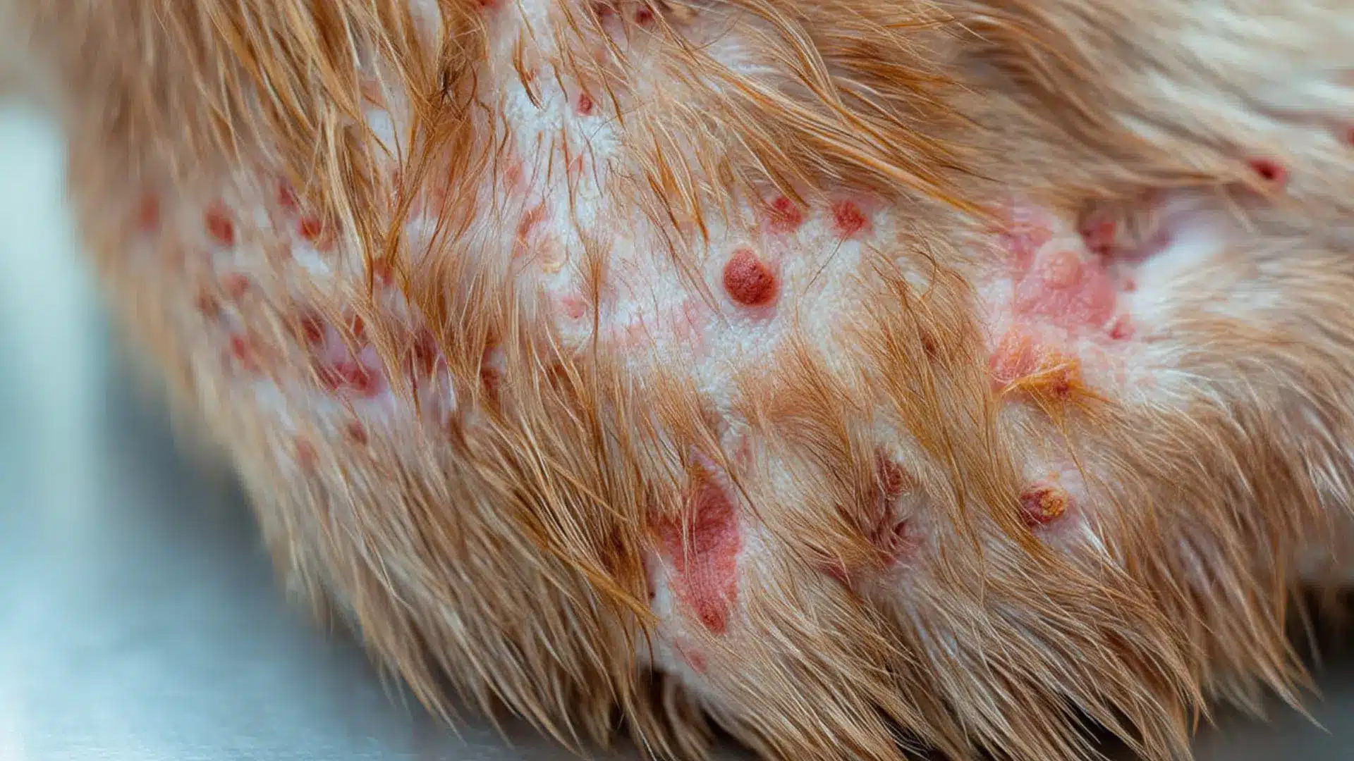 Close-up of multiple red bumps on dogs skin across the belly area showing signs of a rash and skin irritation