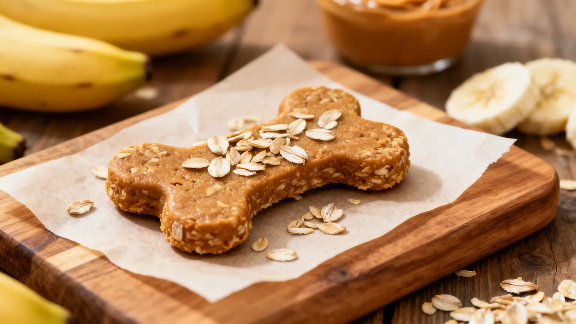 Close-up of oatmeal peanut butter banana dog treats shaped like bones on parchment paper over a wooden board