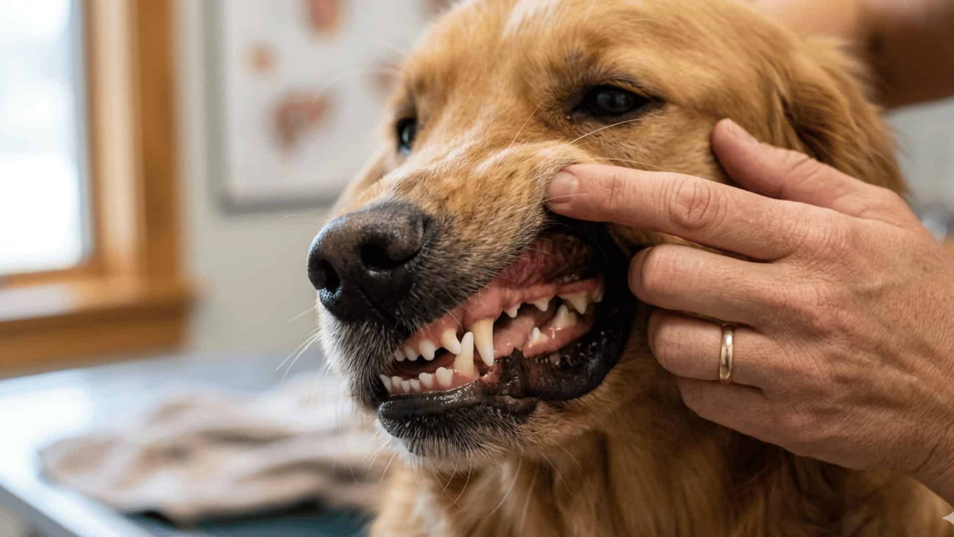 Close-up of pet owner checking dog gums to assess hydration using capillary refill test