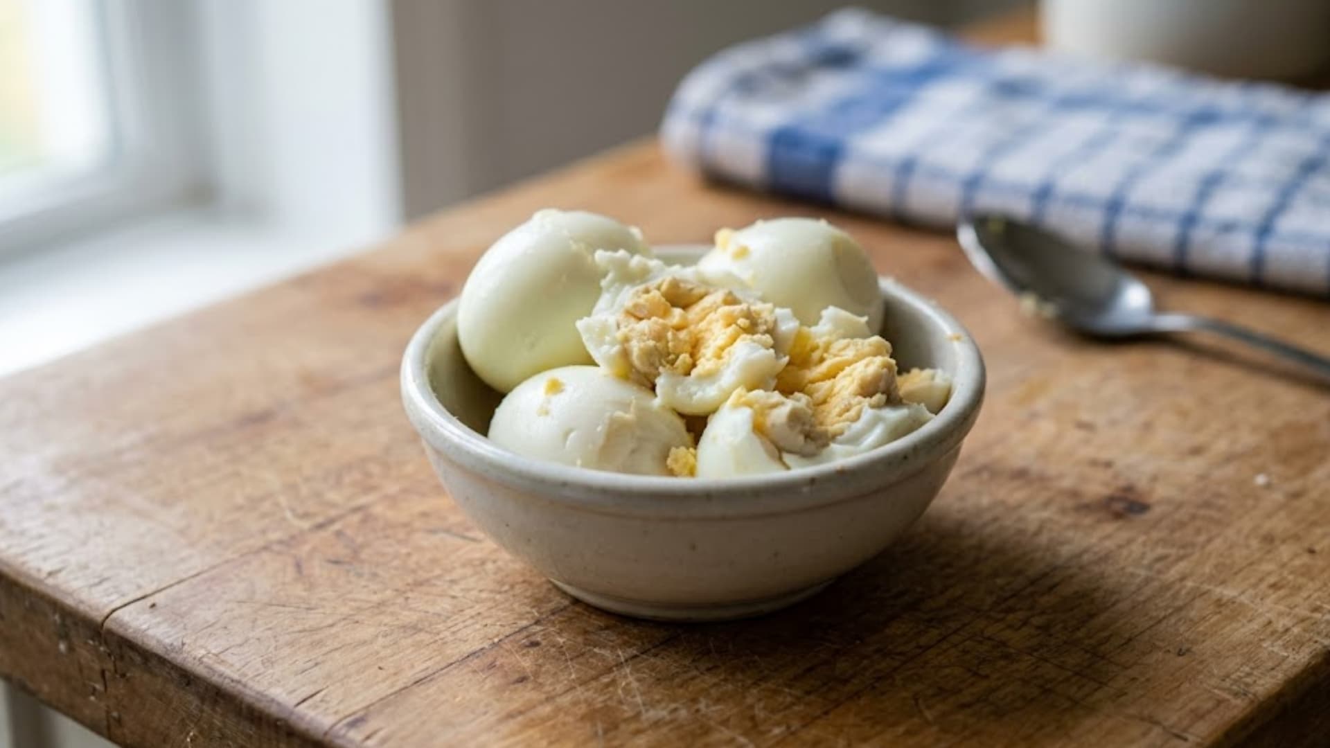 Close-up of plain boiled eggs, peeled and slightly mashed in a small bowl for dogs, soft texture, no salt or seasoning, placed on a clean kitchen surface