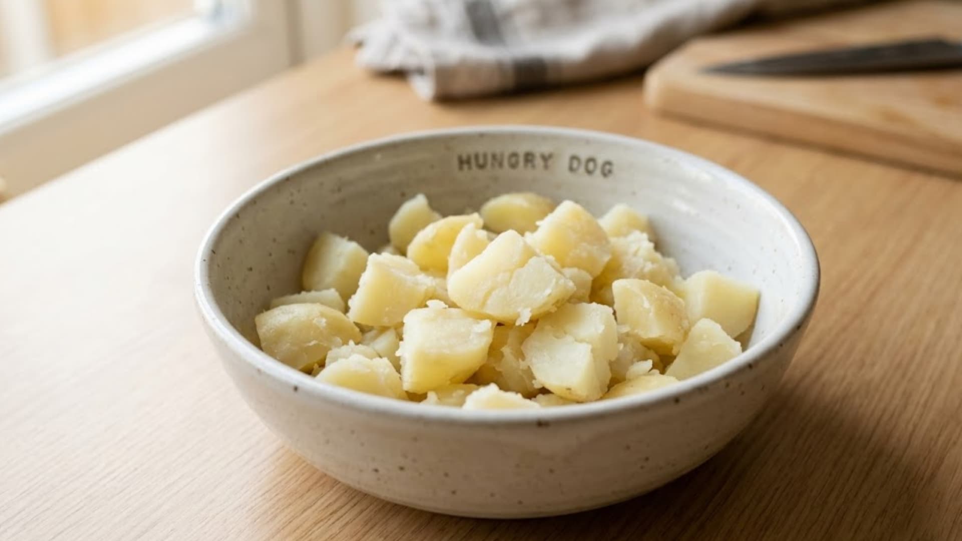 Close-up of plain boiled potatoes cut into small pieces in a dog-friendly bowl, soft texture, no salt, butter, or seasoning, placed on a clean kitchen surface
