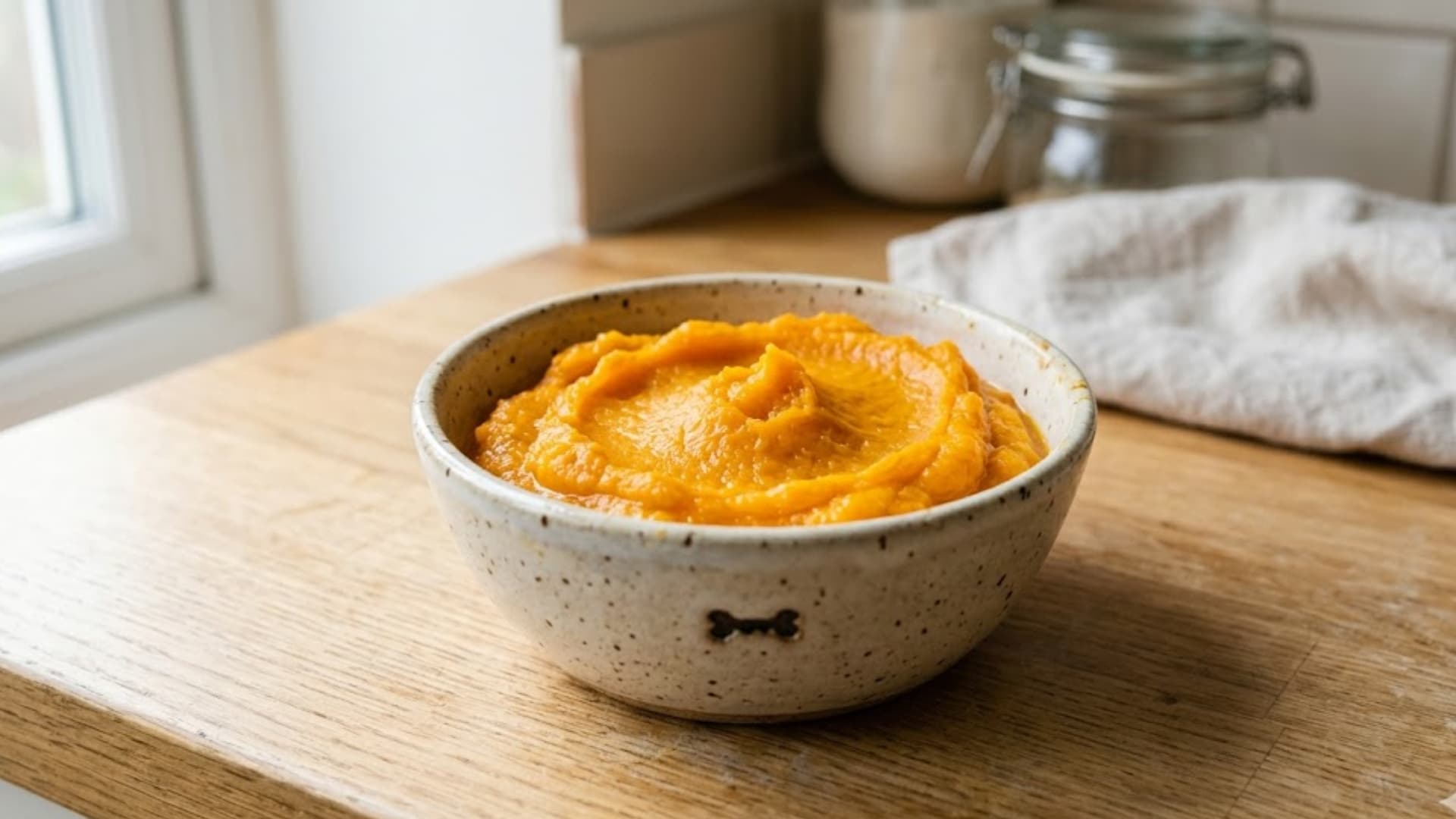 Close-up of plain mashed pumpkin served in a small ceramic bowl for dogs, smooth texture, bright natural orange color, no spices or additives, placed on a clean kitchen surface