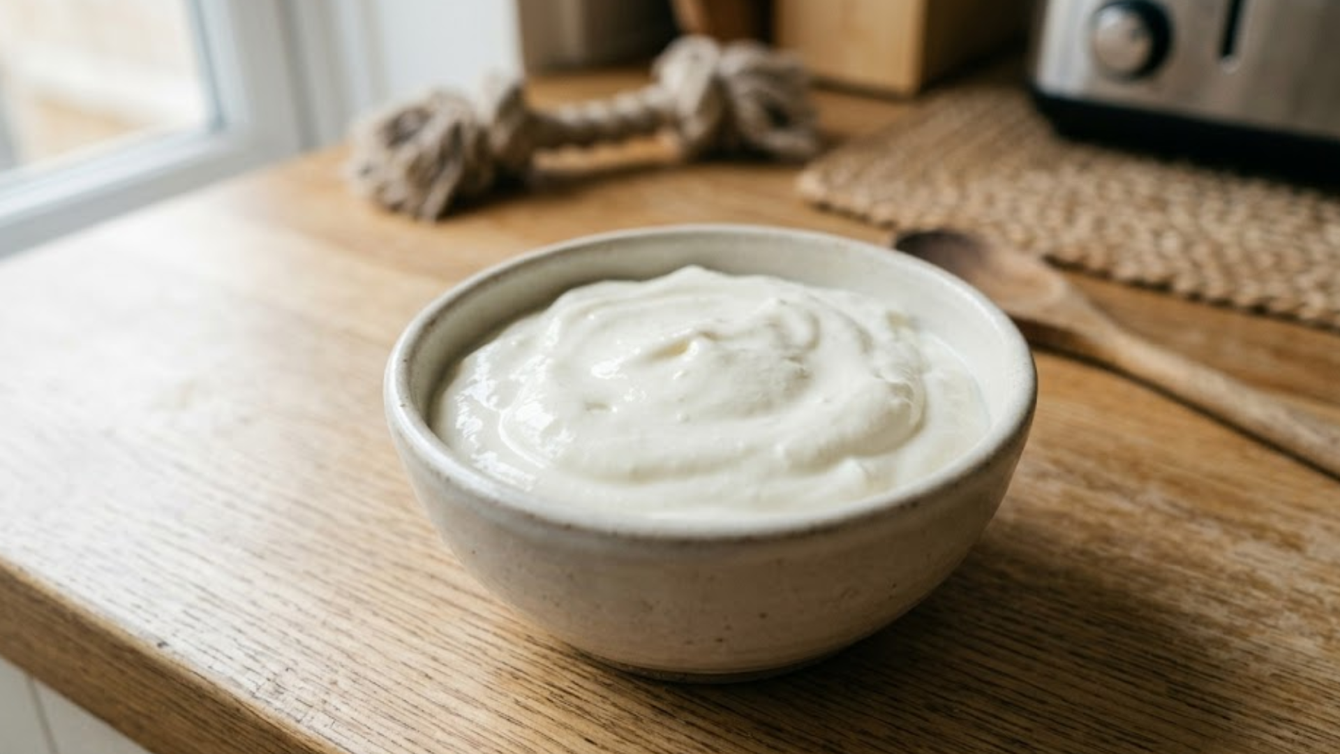 Close-up of plain unsweetened yogurt in a small bowl suitable for dogs, smooth creamy texture, no added sugar or flavors, placed on a clean kitchen surface
