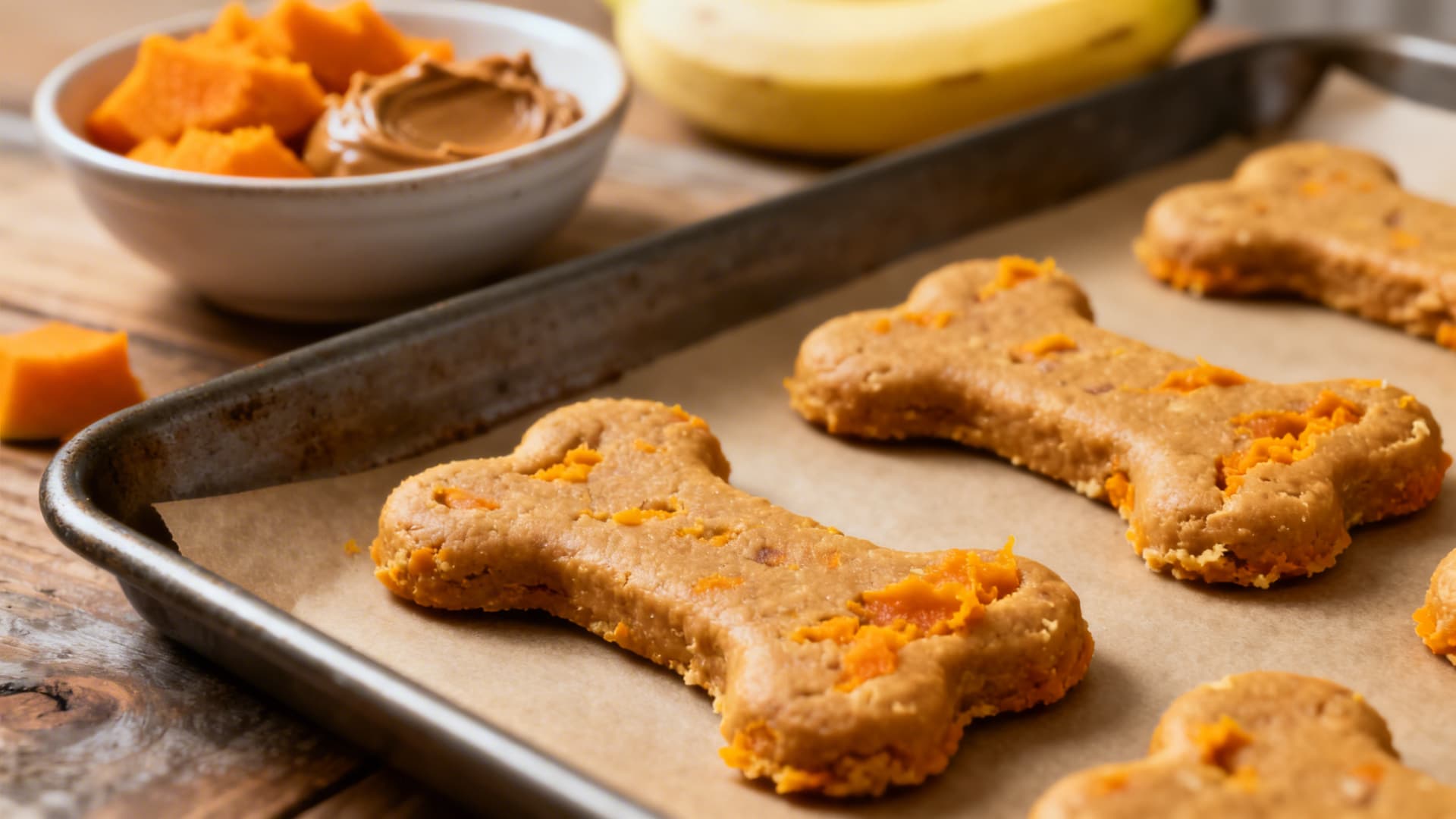 Close-up of pumpkin peanut butter banana dog treats shaped like bones on a baking tray, soft texture, pumpkin puree visible in dough