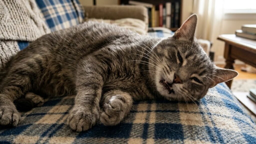 Close-up realistic image of a gray tabby cat mid-seizure episode, eyes partially closed, mouth slightly open showing teeth, facial muscles tense