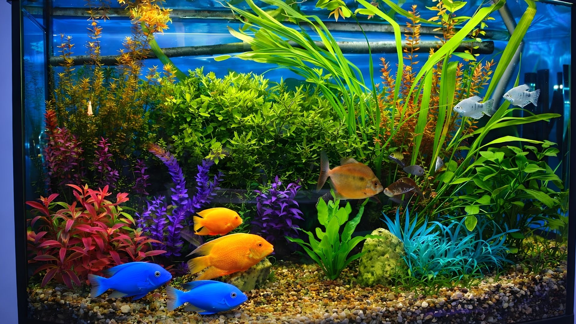 Colorful freshwater aquarium with blue, yellow, and orange fish and bright plants