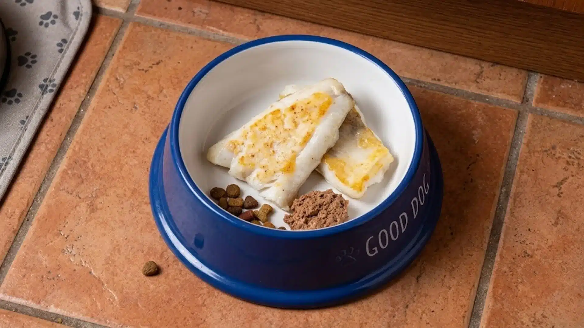 Cooked white fish served in a dog bowl with kibble on tile floor, simple plain meal prepared safely for dogs