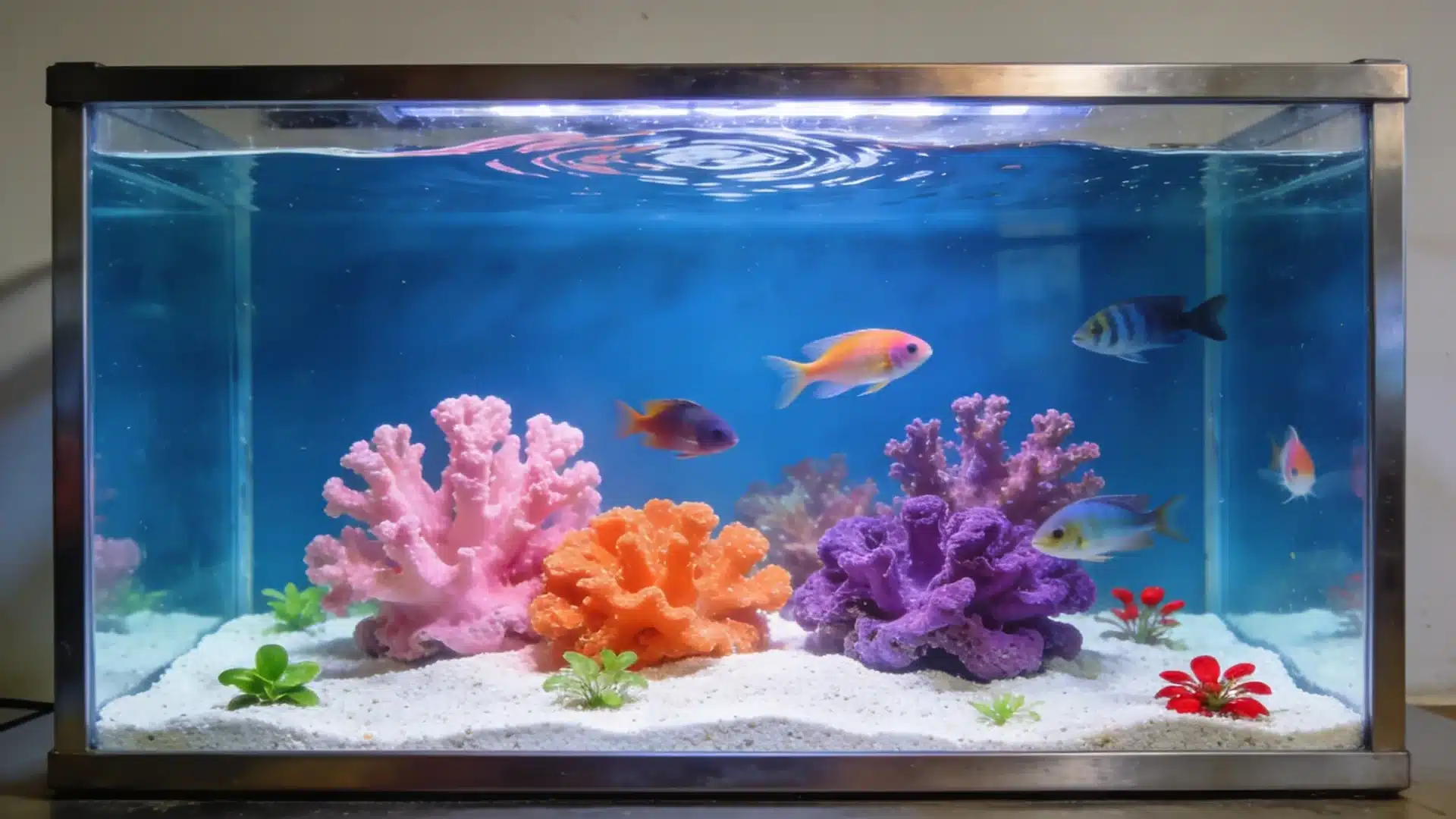 Coral reef aquarium with pink orange and purple corals, white sandy substrate, and colorful fish swimming