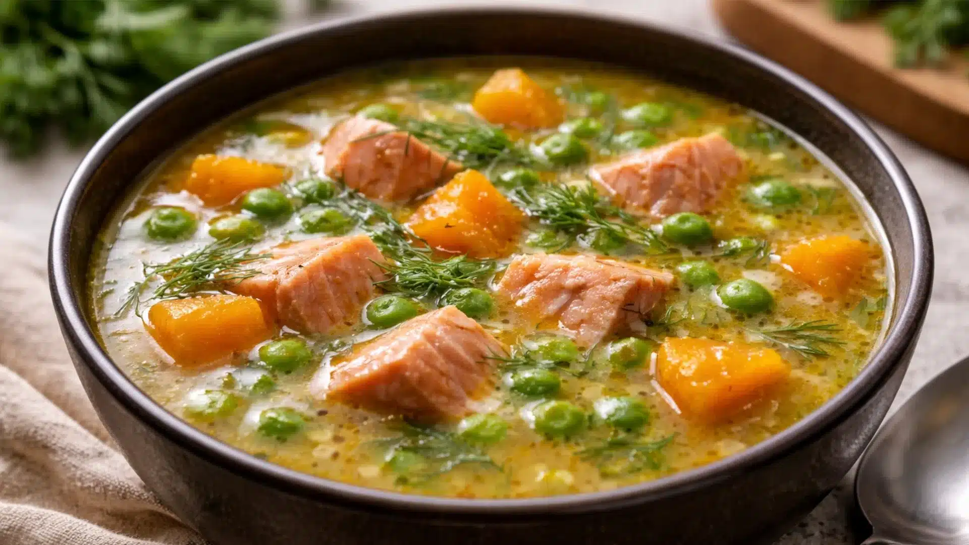 Creamy salmon chowder with butternut squash and peas, garnished with dill