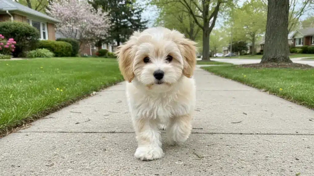 Cute fluffy teddy bear puppy walking on suburban sidewalk with green lawns and trees in neighborhood
