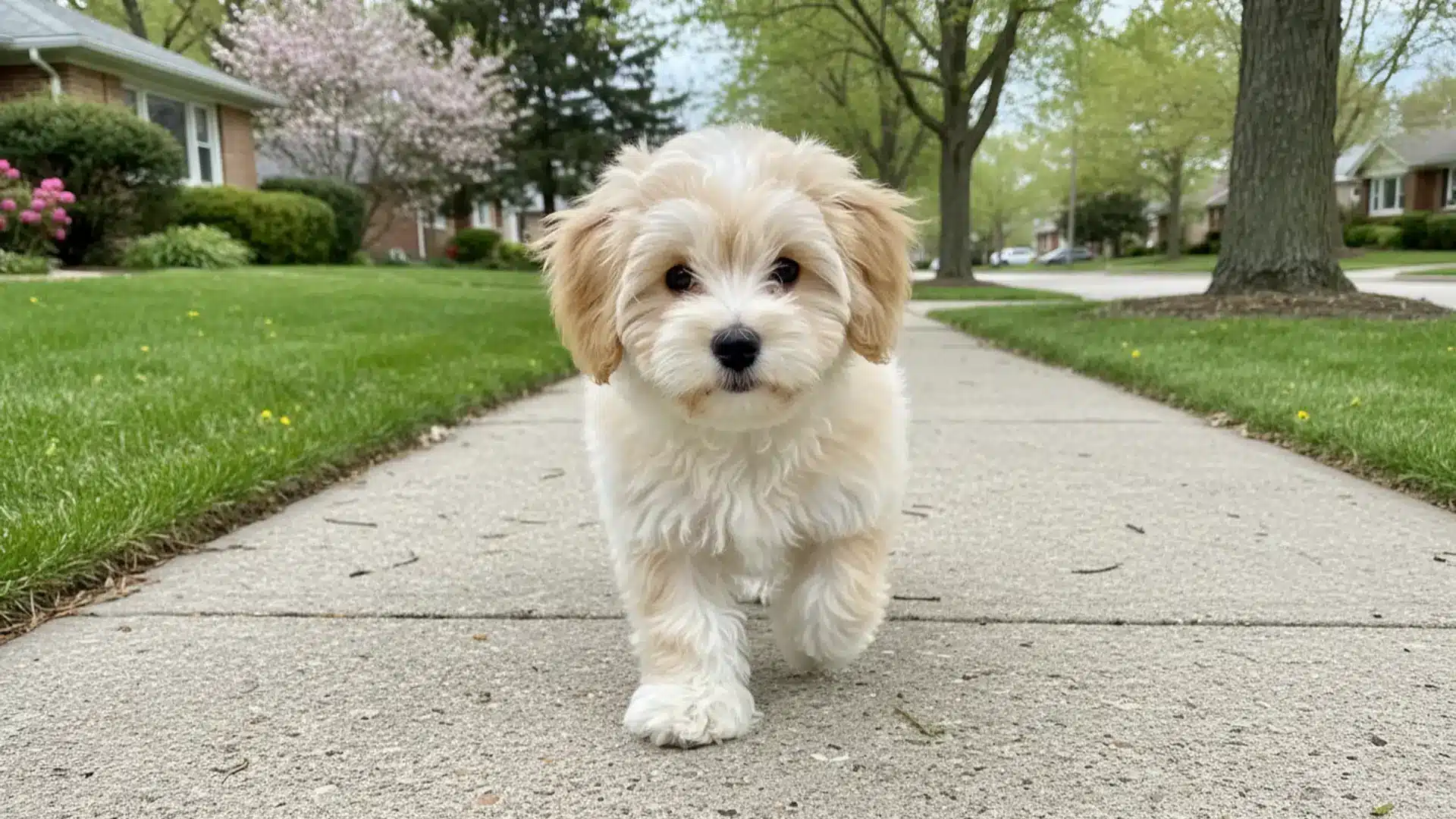 Cute fluffy teddy bear puppy walking on suburban sidewalk with green lawns and trees in neighborhood
