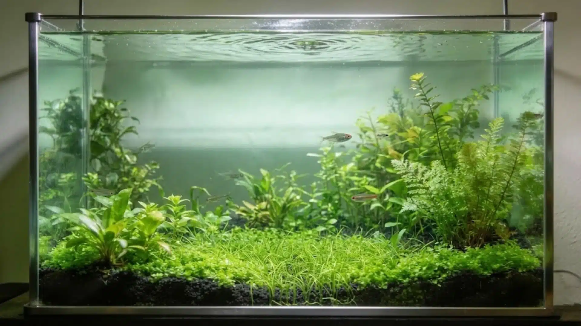 Dense jungle aquarium with lush green aquatic plants, black substrate, and small fish swimming freely