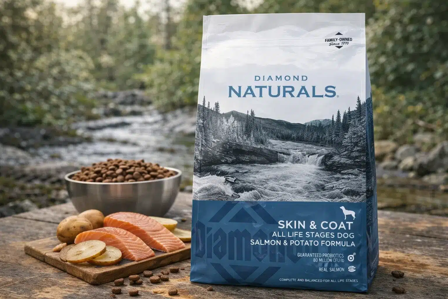 Diamond Naturals Skin and Coat salmon and potato dry dog food bag outdoors by stream