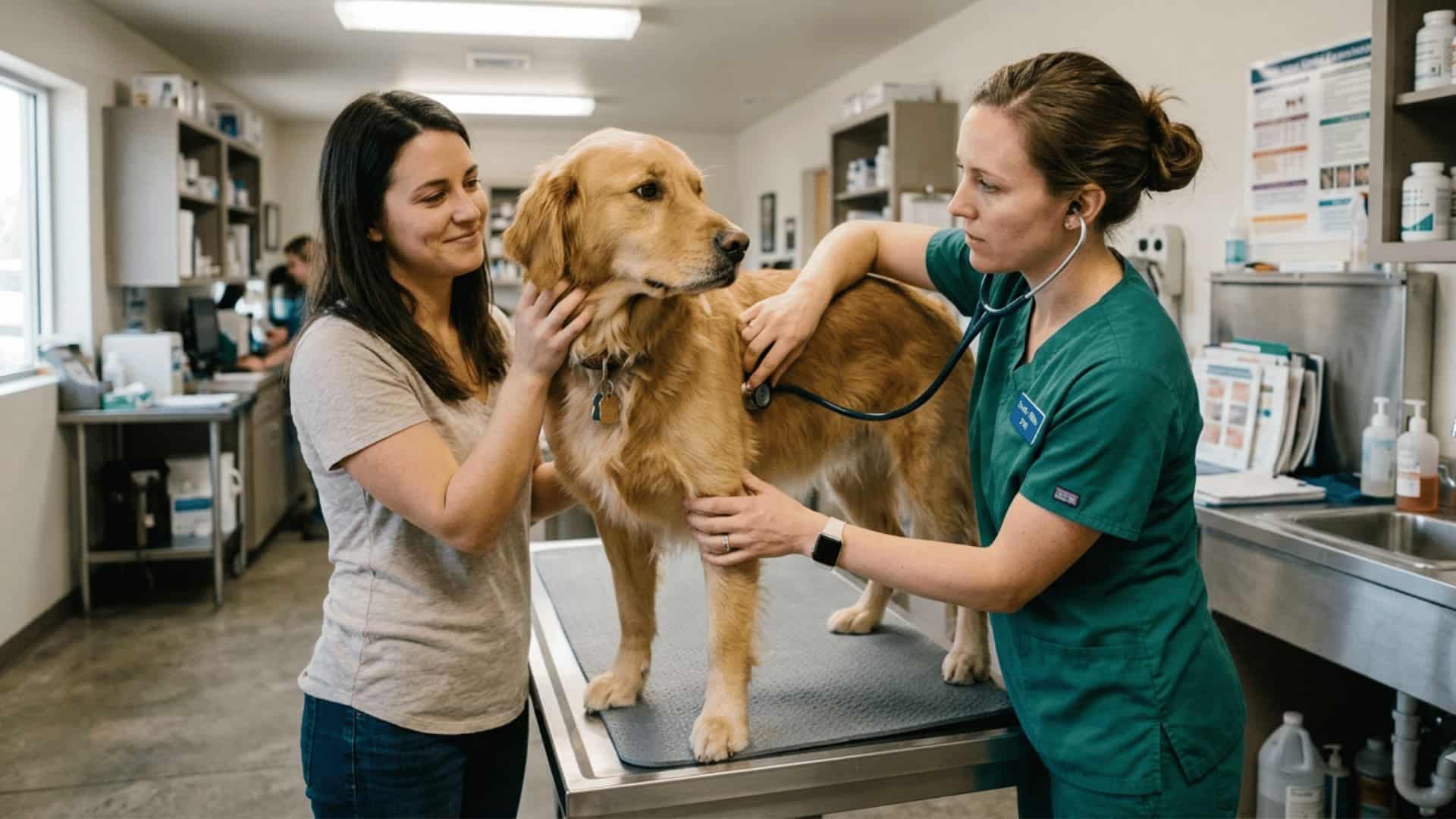 Dog being examined by veterinarian in clinic during emergency health check