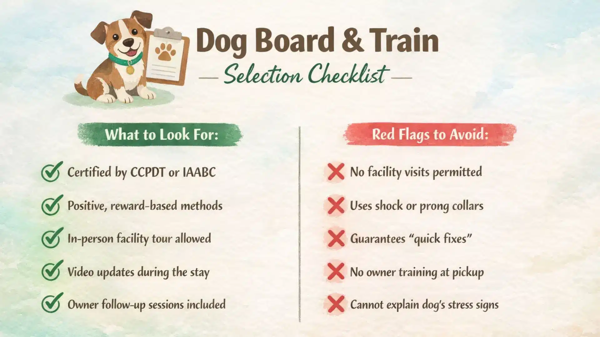 Dog board and train selection checklist infographic showing certification benefits and red flags for training programs