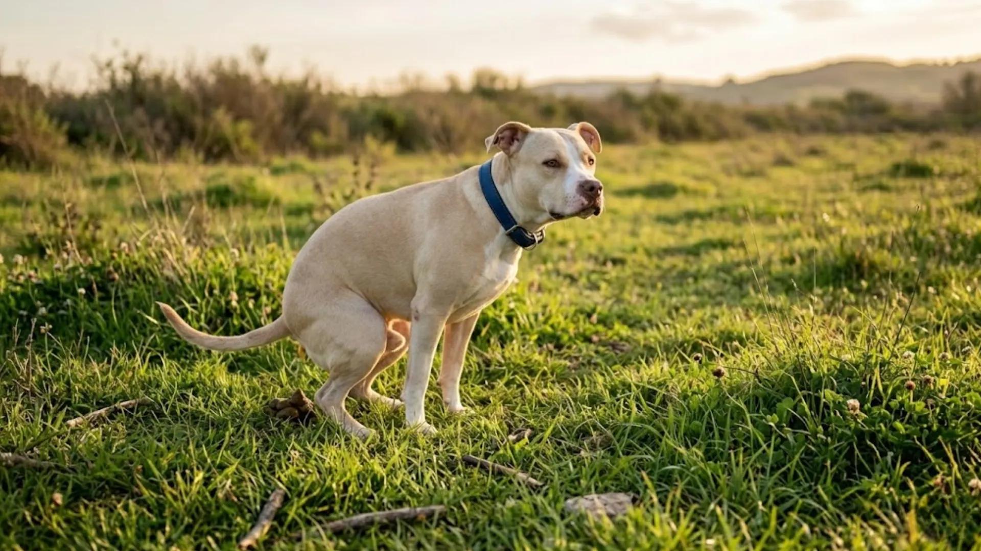 Dog defecating on grass outdoors, showing natural bowel movement behavior in an open field setting