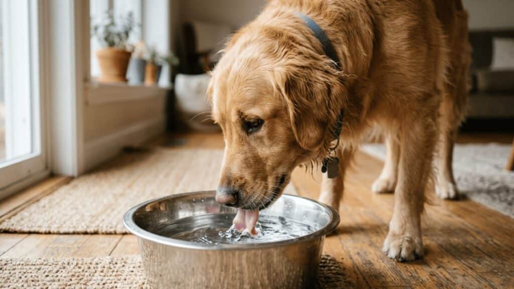 Dog drinking clean water from a stainless steel bowl indoors with natural light and soft shadows