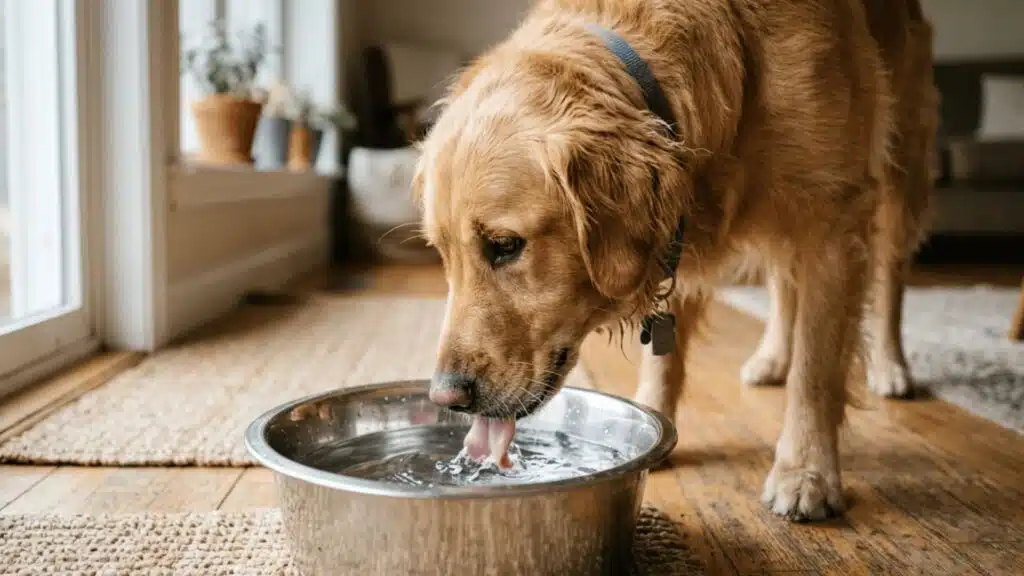 Dog drinking clean water from a stainless steel bowl indoors with natural light and soft shadows
