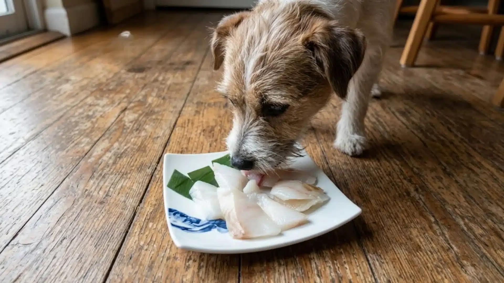 Dog eating flounder slices from plate on wooden floor, showing fish feeding for dogs at home
