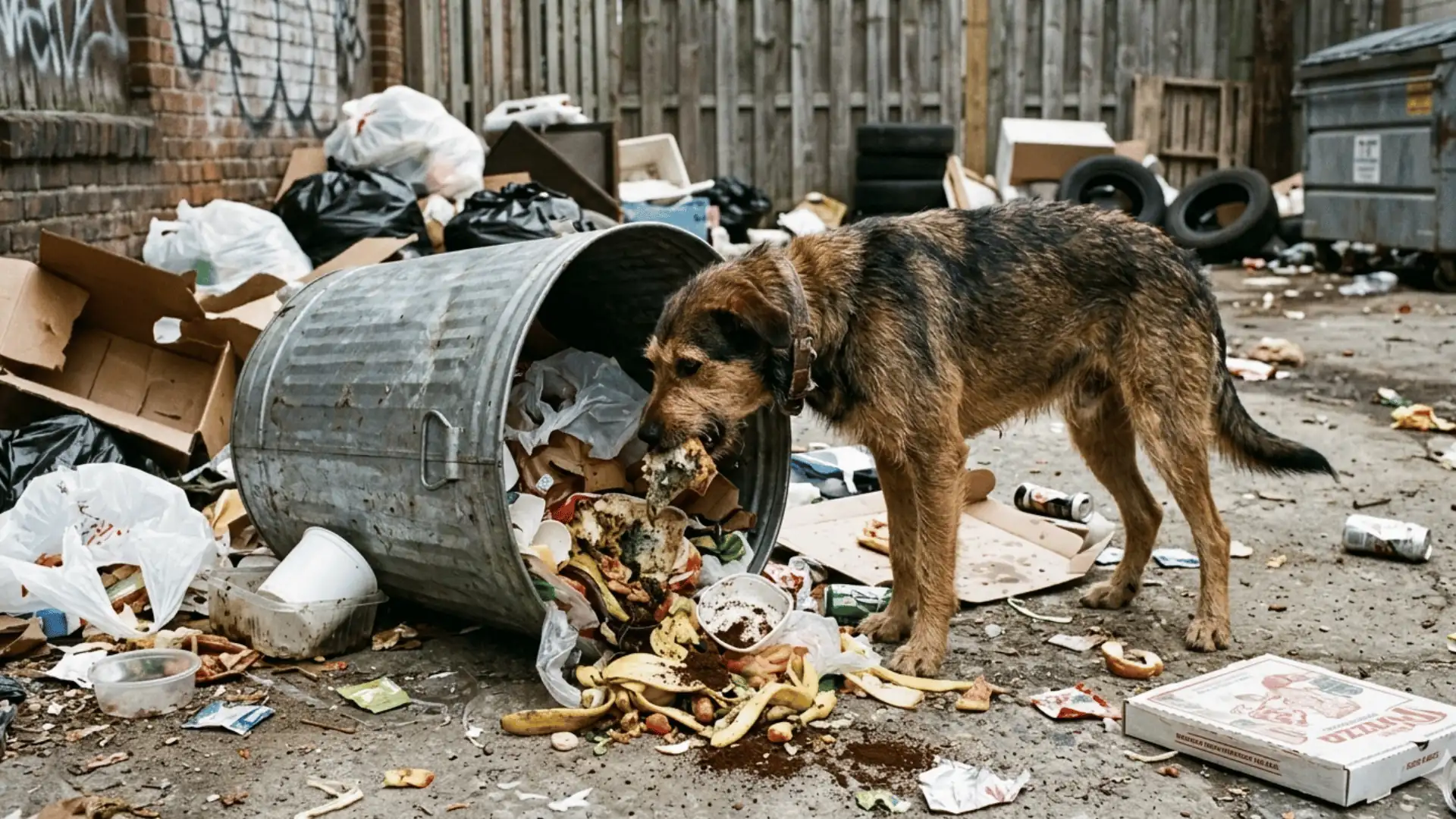 Dog eating from trash can showing cause of digestive upset and colitis