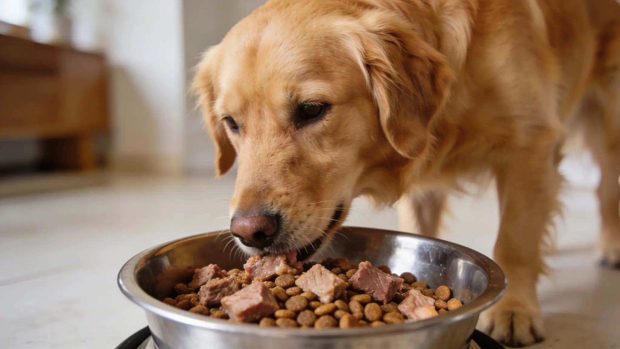 Dog eating protein rich food