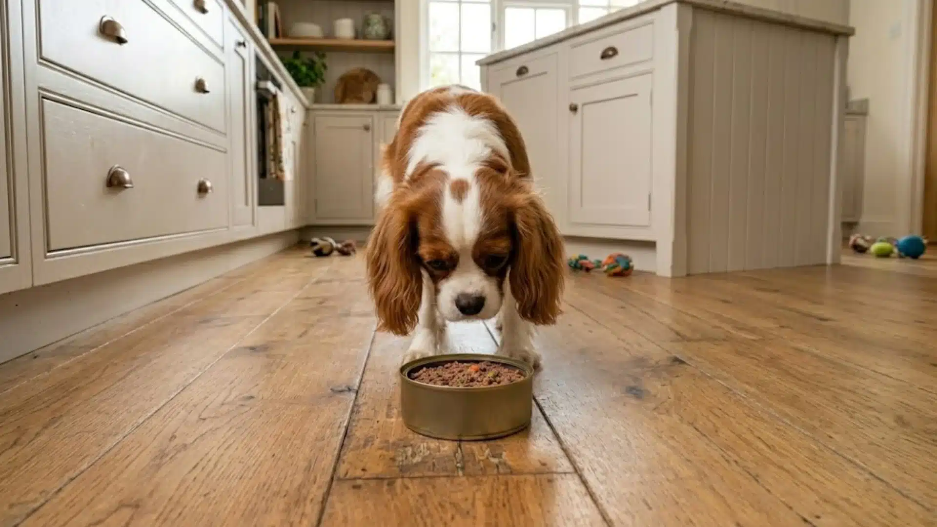 Dog eating tuna from bowl on kitchen floor, showing normal feeding behavior indoors