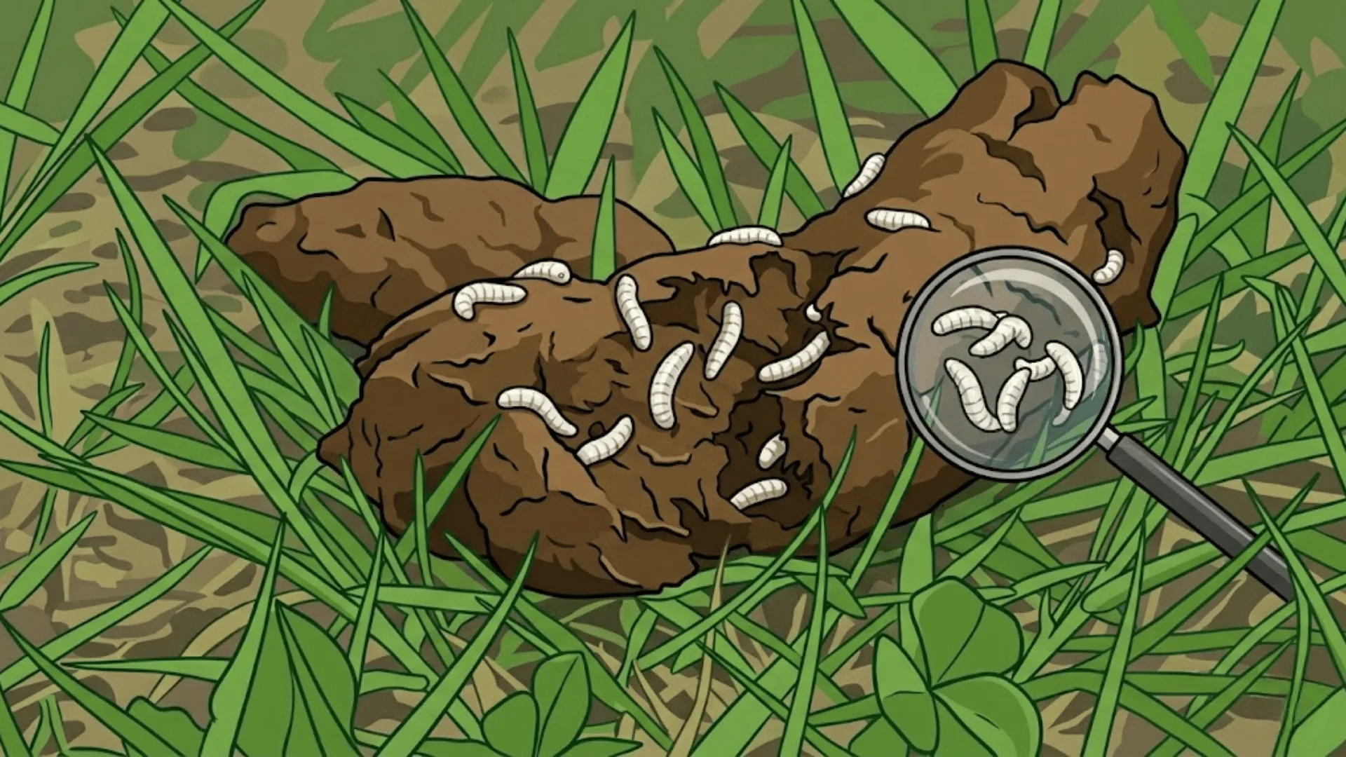 Dog feces in grass with visible maggots, shown close-up with a magnifying glass highlighting infestation