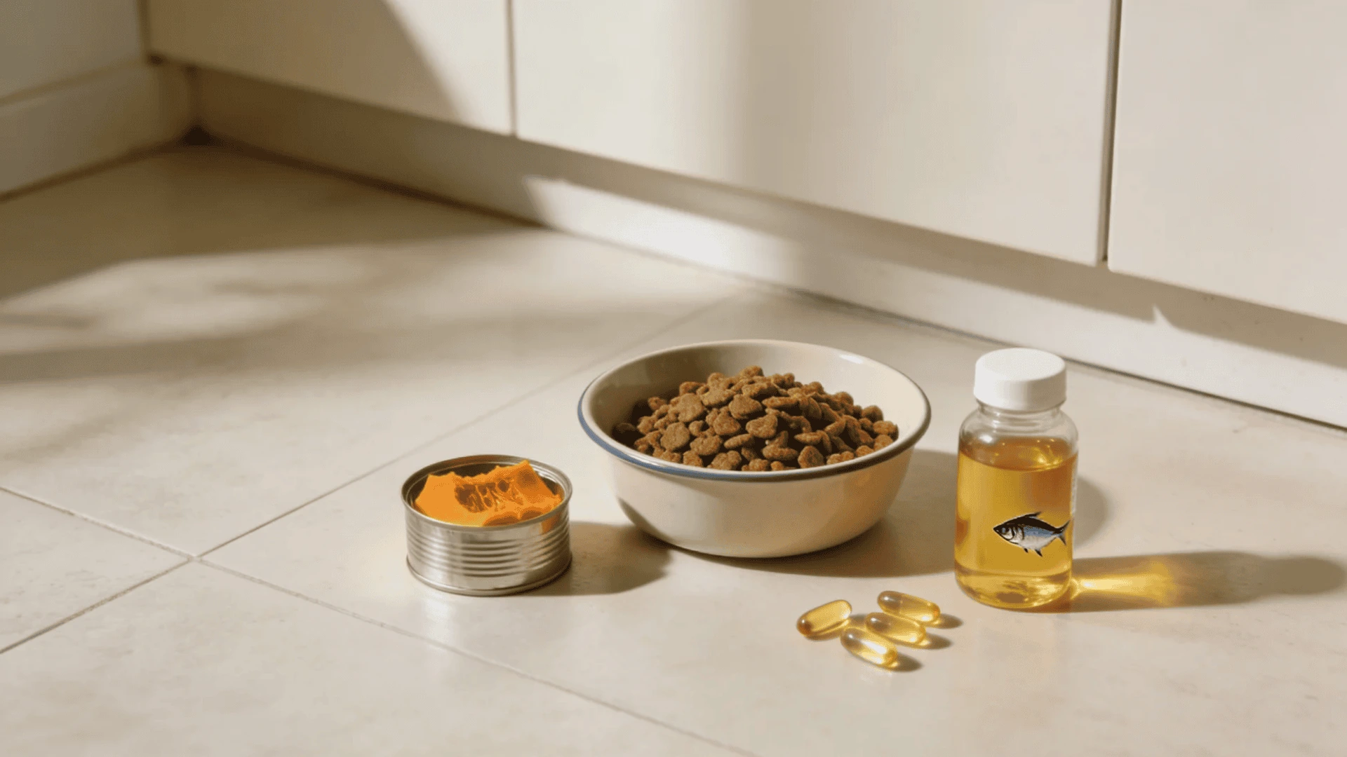 Dog food bowl with canned pumpkin, fish oil bottle, and omega supplements on clean kitchen floor for digestive health support