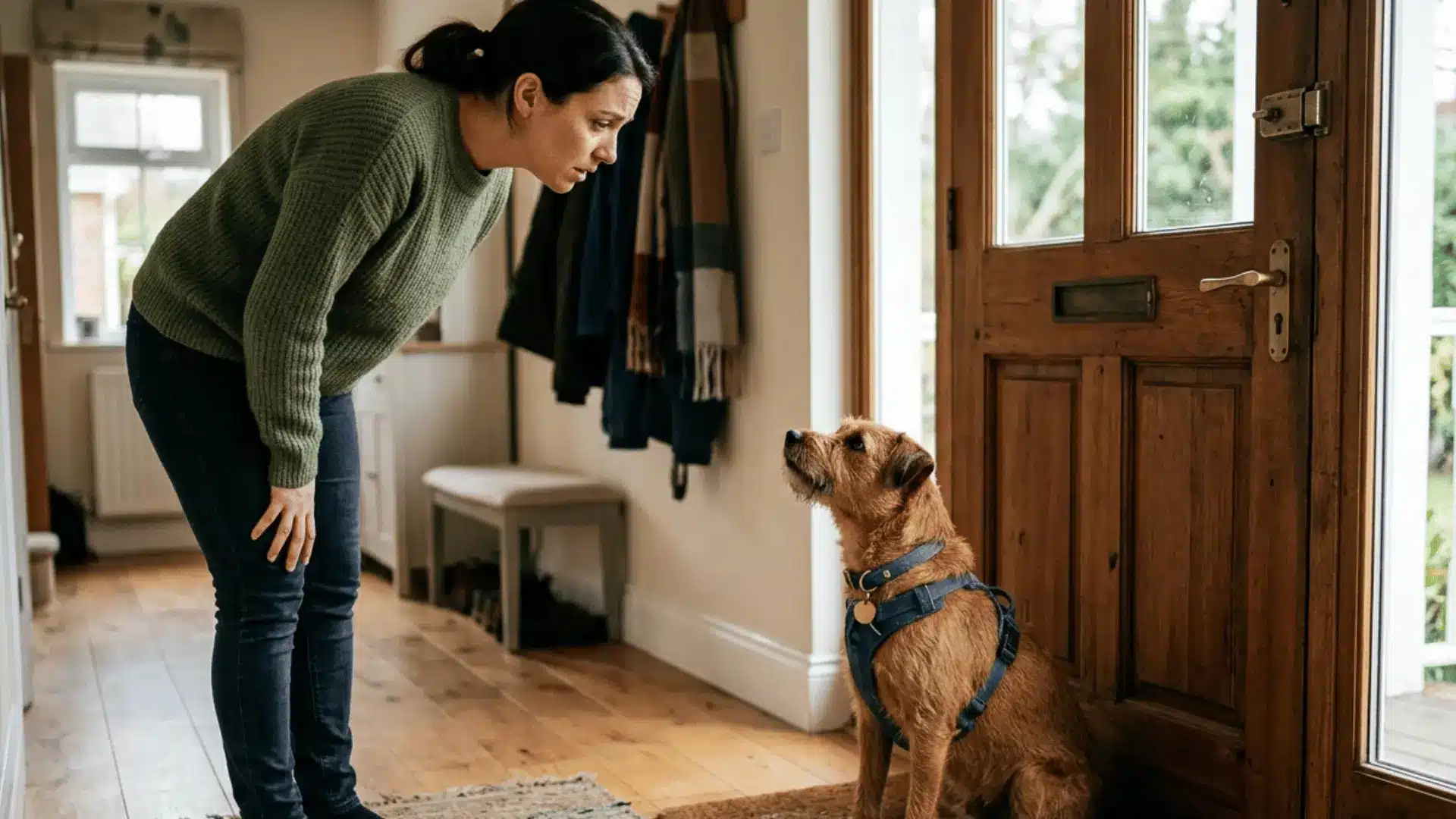 Dog showing urgency to go outside while owner looks concerned indoors