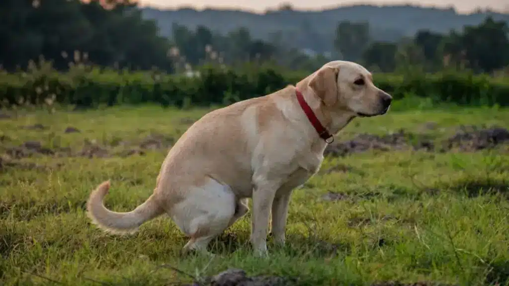 Dog sitting outdoors on grass, showing natural pooping posture in a calm field setting