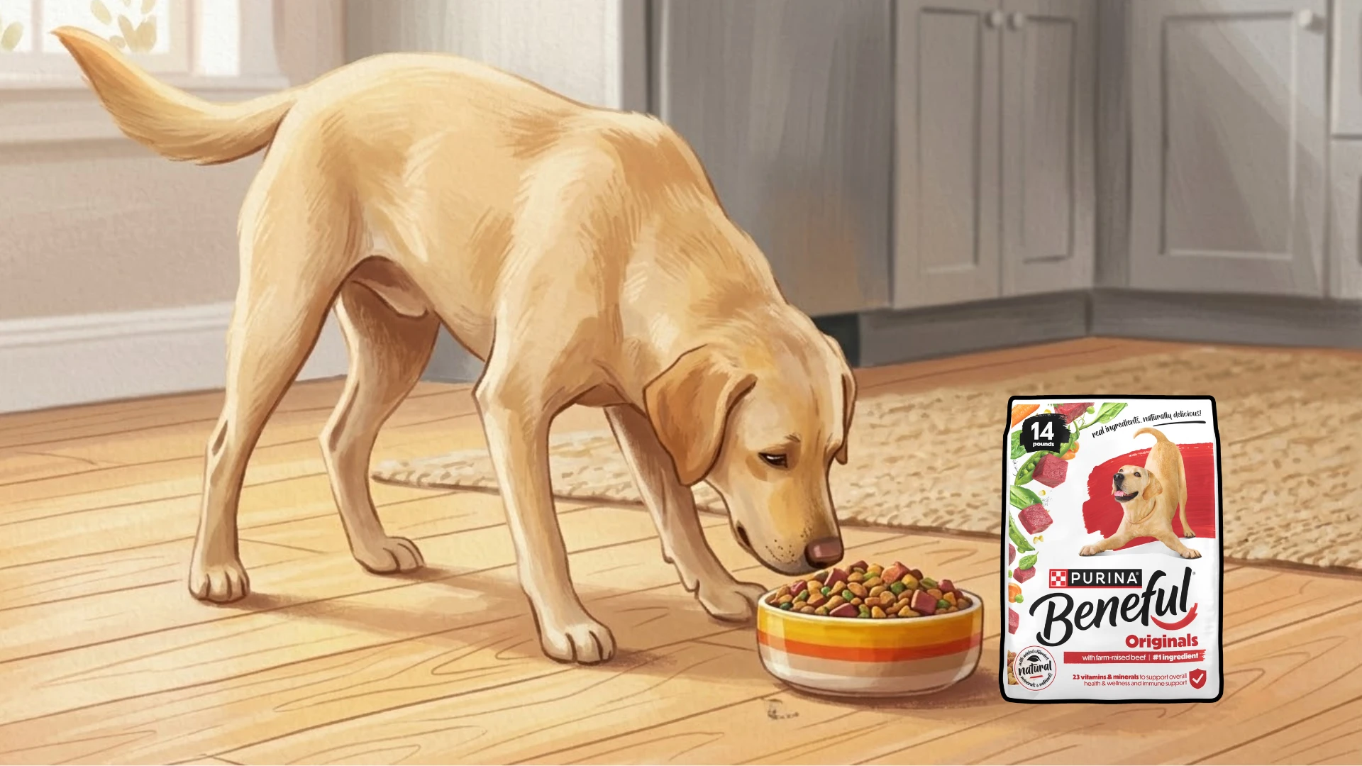 Dog sniffing Beneful kibble in bowl with Purina Beneful bag placed beside in home kitchen setting