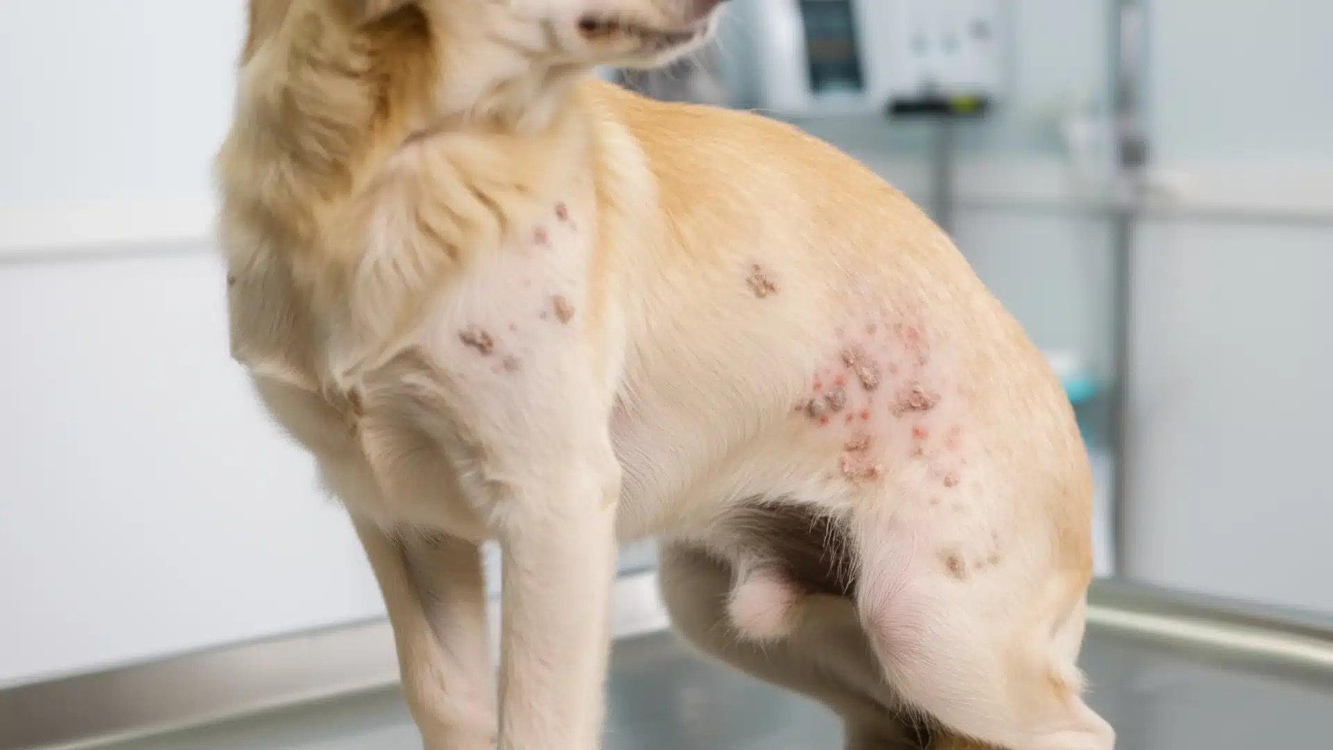 Dog standing on vet exam table with red bumps and crusty scabs on the hip and hind leg area showing a skin condition