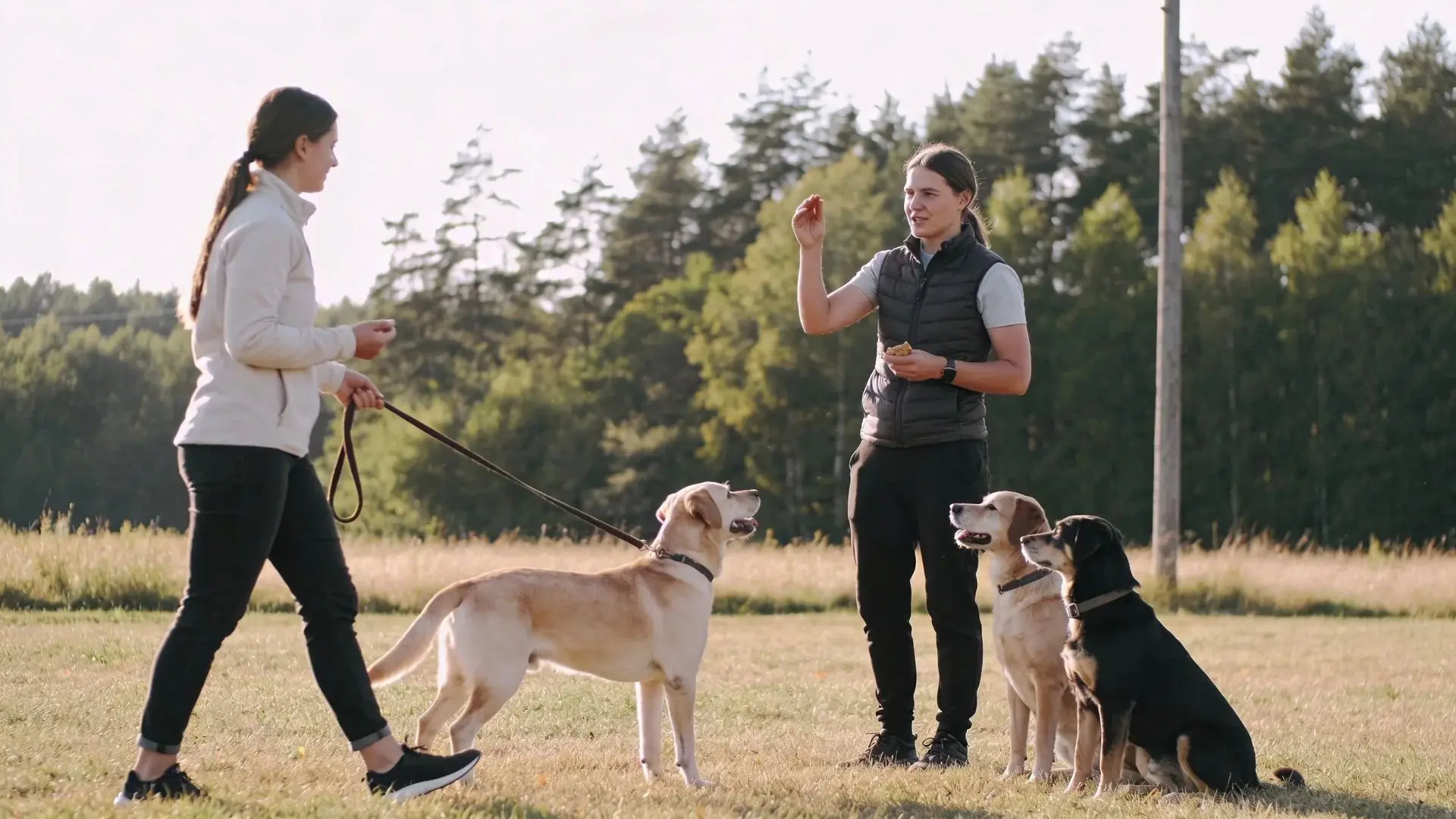 Dog trainers working with multiple dogs outdoors using positive reinforcement obedience training session in open field
