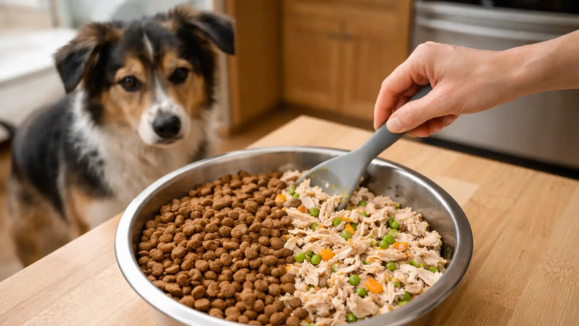 Dog watching as dry kibble and wet food are being mixed in a metal bowl on a kitchen counter, showing hesitation toward the new food mixture (1)