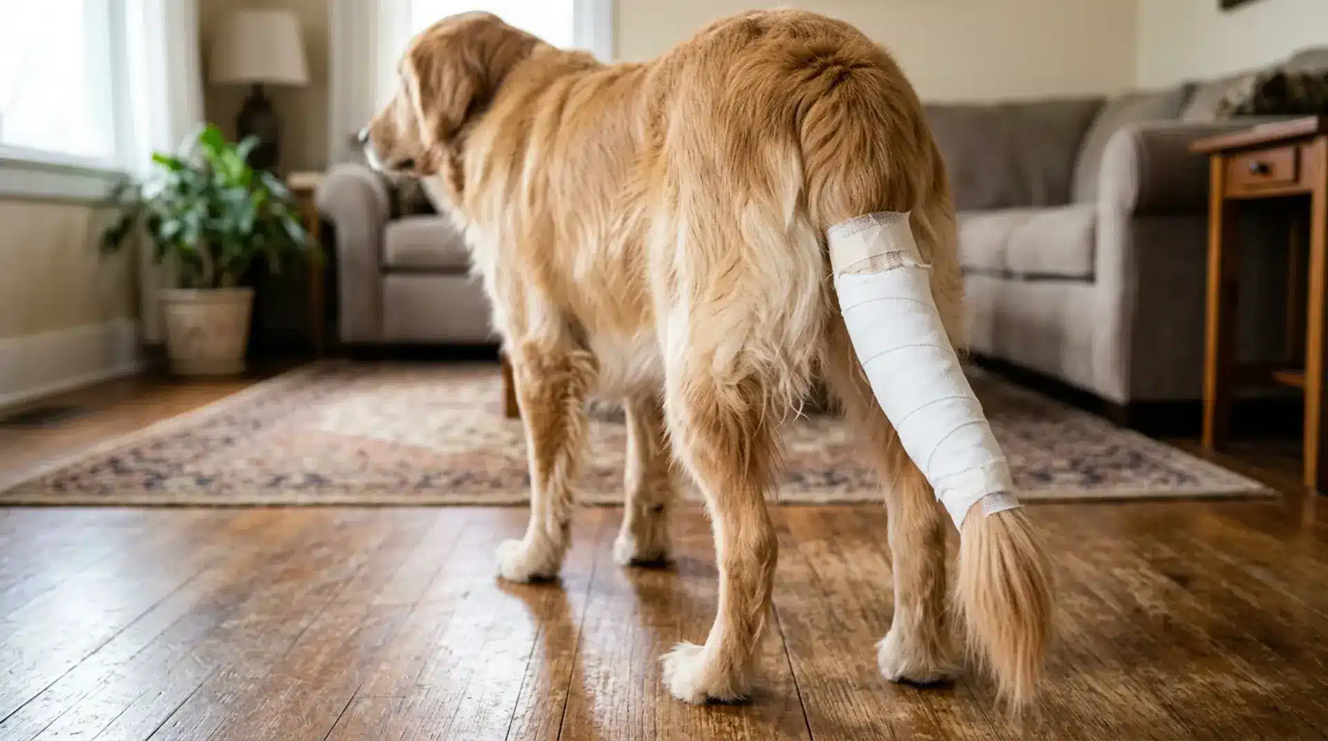 Dog with bandaged tail at home, recovering from happy tail injury after treatment and care