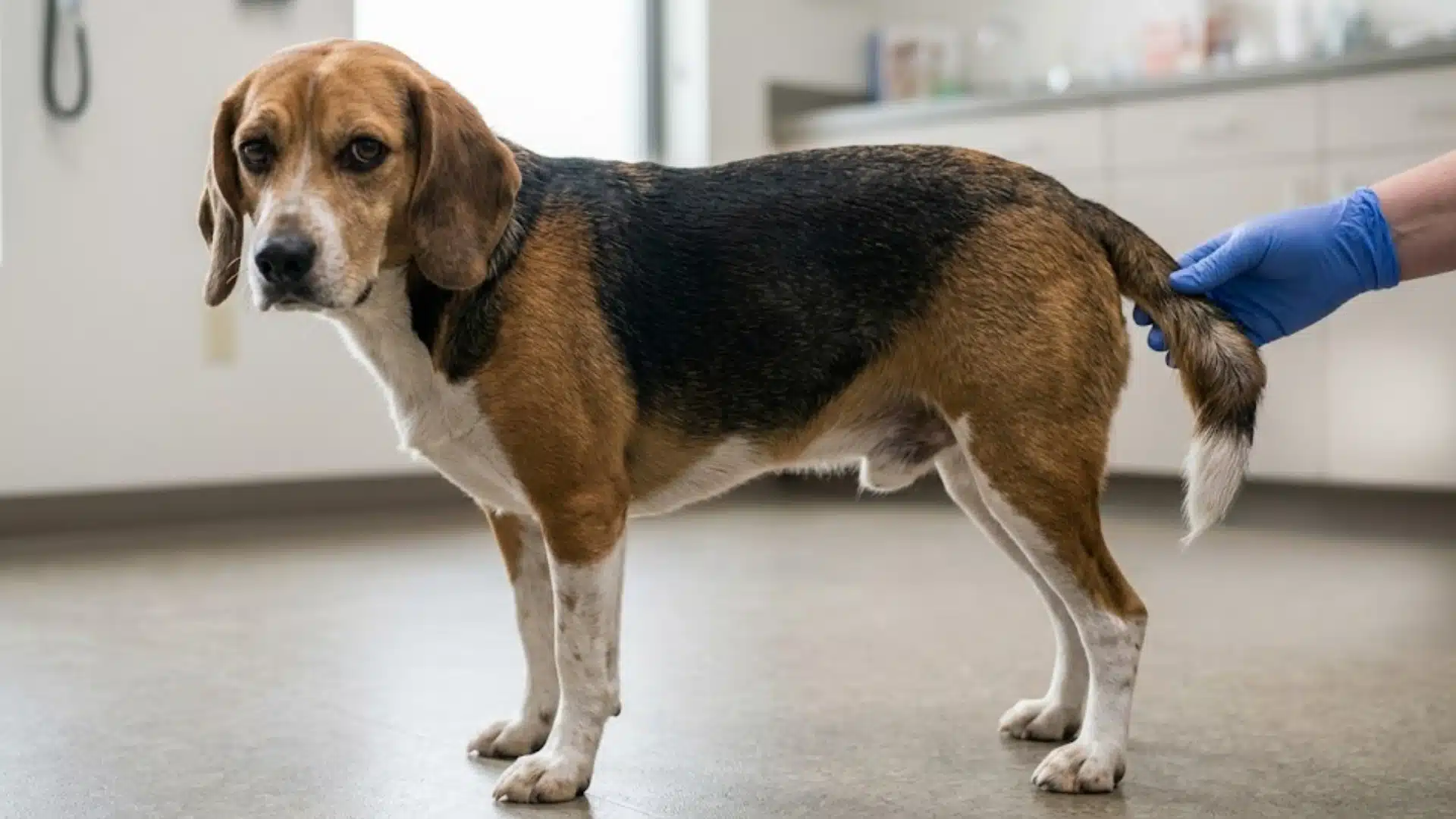 Dog with bent tail showing swelling and unnatural angle while being examined by a gloved hand in a clinic setting