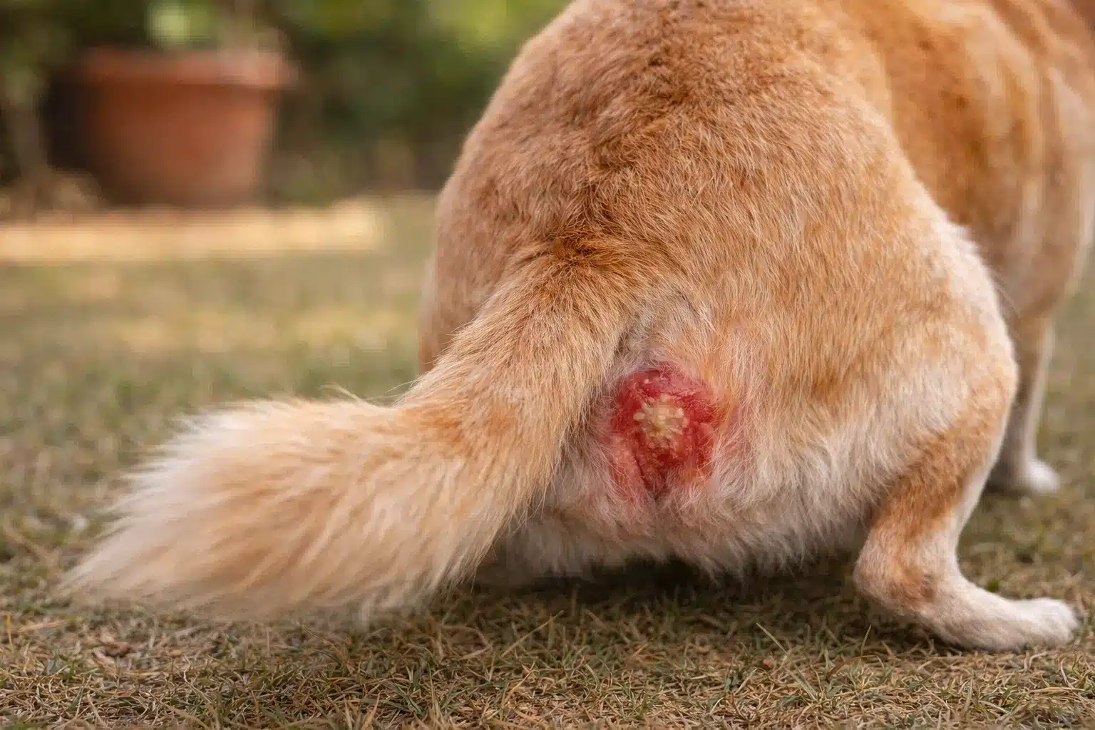 Dog with visible anal gland inflammation showing redness and swelling near tail, indicating possible infection or discomfort