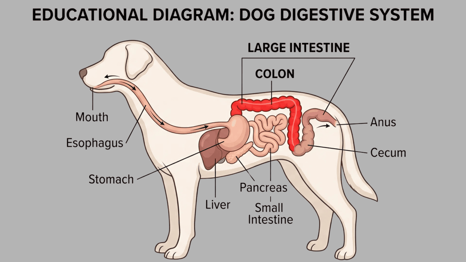 Educational diagram of a dog digestive system highlighting colon, large intestine, and key organs involved in digestion