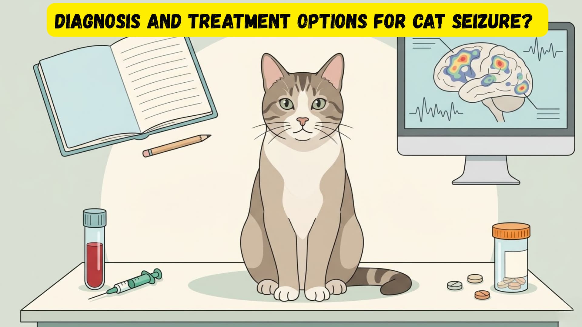Educational illustration of cat seizure diagnosis and treatment showing a cat with surrounding elements
