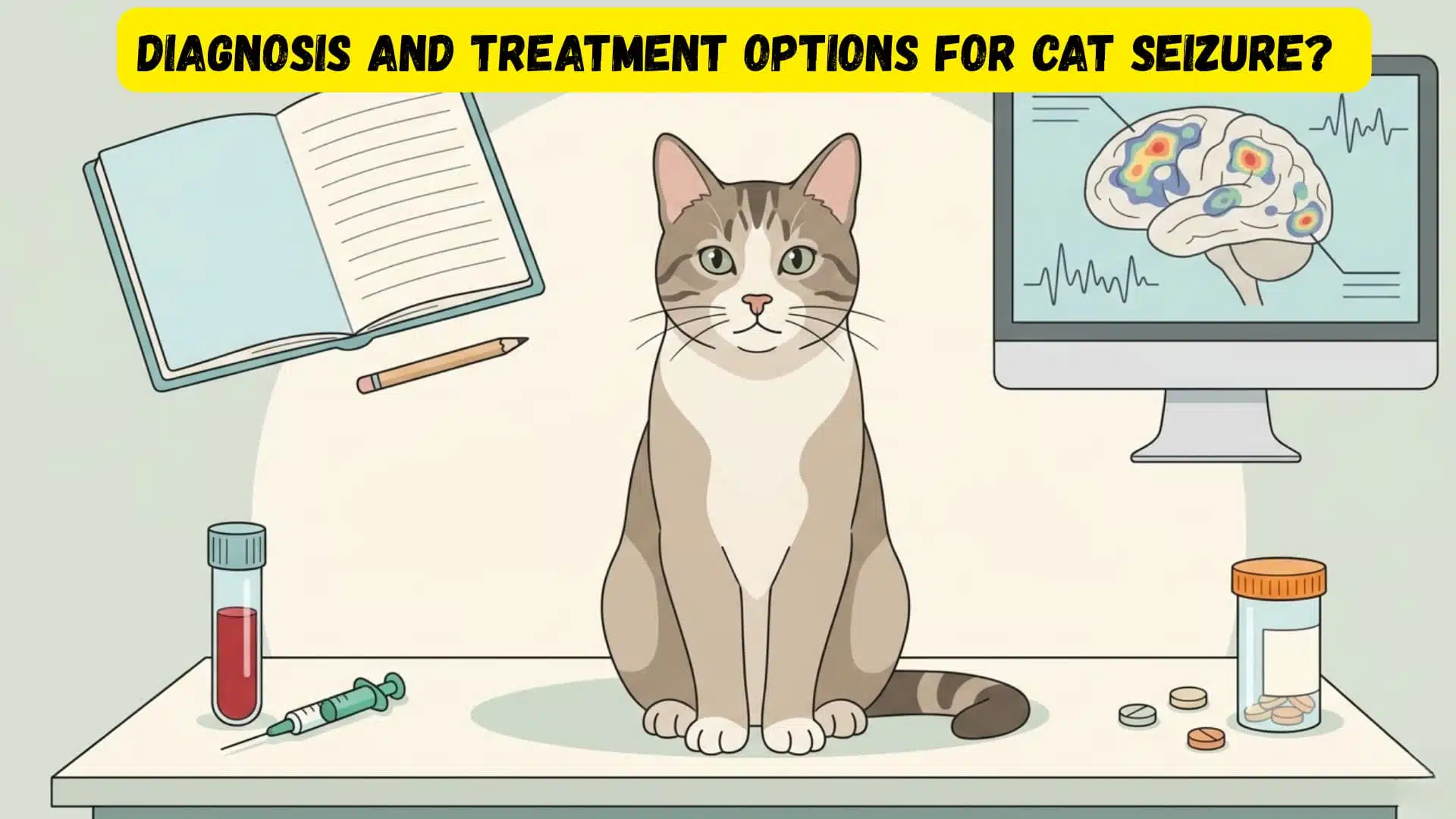Educational illustration of cat seizure diagnosis and treatment showing a cat with surrounding elements