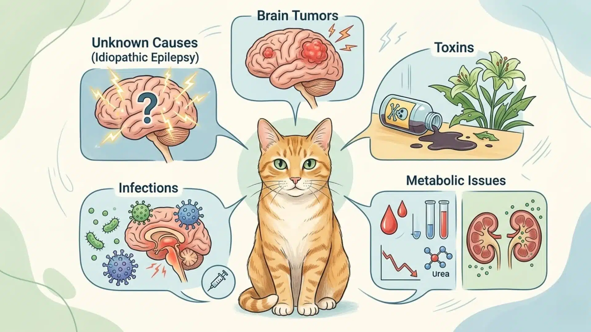 Educational illustration showing causes of seizures in cats arranged around a central cat, including brain tumor, toxins, metabolic issues, infections, and unknown causes